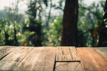 Rustic Wooden Table and bokeh nature