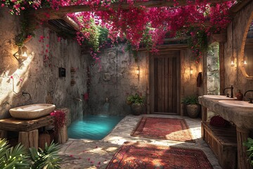 Romantic bathroom design with flowers on the ceiling