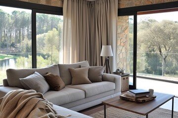 Beige sofa in living room with large windows overlooking a natural environment