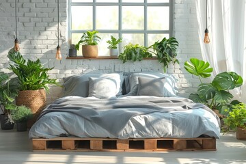 Pallet bed in light room with plants around