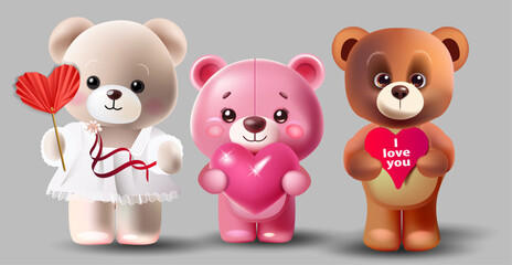 Set of adorable teddy bears with hearts