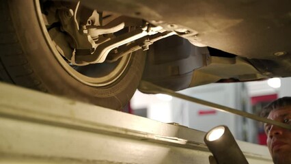Auto mechanic inspects car steering, suspension undercarriage using hydraulic play detector in service station. Professional analyzes vehicle maintenance, safety checks in garage. Inspection routine.