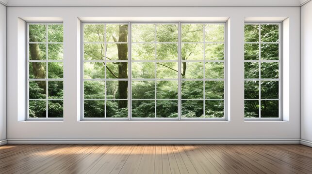 A large window with a view of trees and greenery Generative AI
