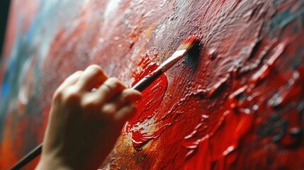 A close up view of a person actively painting on a canvas. This image can be used to depict creativity, artistry, and the process of creating artwork