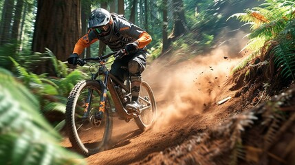 Mountain bike rider made with Ai generative technology, person is fictional - obrazy, fototapety, plakaty