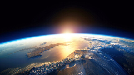 Earth as seen from space, Sunrise view of the planet Earth from space over the horizon, sun reflected on an ocean - obrazy, fototapety, plakaty