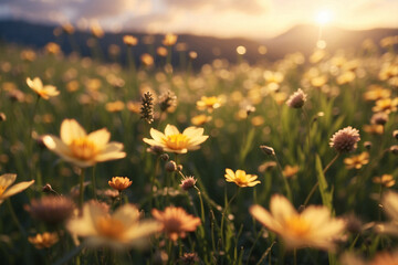 Flower field in sunlight, spring or summer garden background in close-up. Flower meadow field
