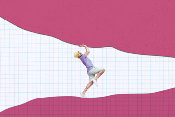 Miniature guy collage of young person protect himself trying save his life stay under pressure...