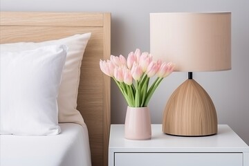 Serene Scandinavian Bedroom with Nightstand, Minimalist Lamp, and Beautiful Floral Arrangement