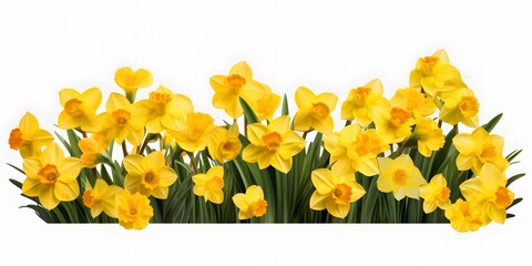 fresh yellow daffodil flower bed isolated on transparent background, overlay texture for happy easter greetings in spring - obrazy, fototapety, plakaty