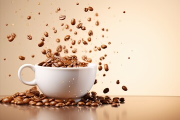 Obraz premium Coffee cup with splashes and flying beans on brown background, copy space for text