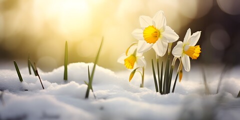 Yellow daffodils break through the snow cover and spring awakens the concept of nature - obrazy, fototapety, plakaty