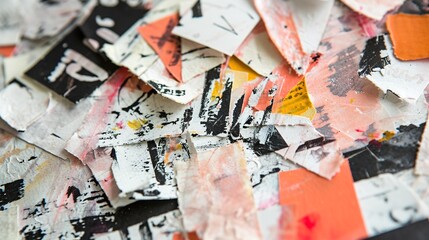 Generative AI, collage of waste paper pieces, ripped paper with torn, recycling concept