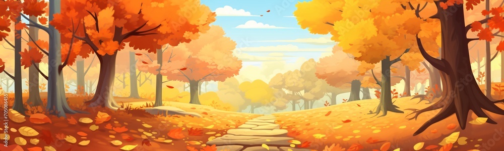 Poster a colorful forest scene with a path and trees generative ai