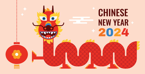The Chinese New Year 2024 - the Year of the Dragon. Lunar New Year poster, background. Geometric vector flat modern style.