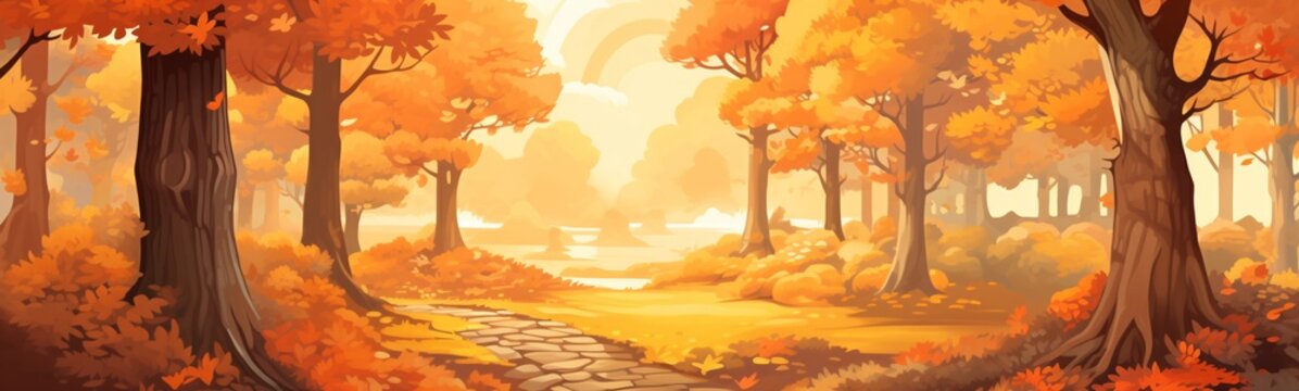 A beautiful sunset in a forest with a path leading to the water Generative AI