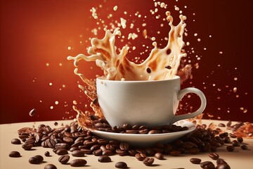 Energetic Coffee Cup with Vibrant Splashes and Flying Coffee Beans against a Light Brown Background