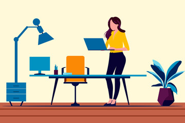 Professional business woman working in a modern office setting vector editable. A dedicated businesswoman immersed in her work in a contemporary office space.
