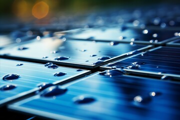 Flatly Arranged Solar Panels with Raindrops - Picturing Sustainable Energy Generation