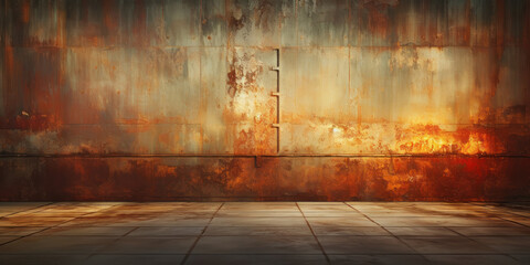 Rusted metal surfaces, their textures highlighted by the warm glow of sunset light in a deserted factory - obrazy, fototapety, plakaty
