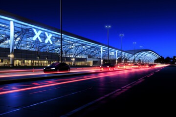Fototapeta na wymiar Stunning Air-Glass Airport Architecture. Cars Passing in Evening Time, Captivating Structural Design