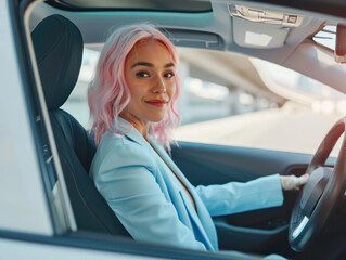 a happy stylish pink-haired woman in light blue suit is driving white car. Portrait of happy female driver steering car with safety belt.