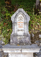 Rocamadour, France - October 13, 2023:French sign indicating the direction of the Way of the cross.