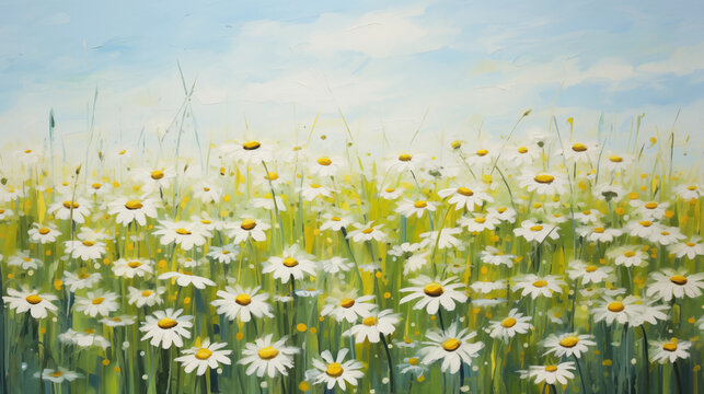 Daisies On Field - Abstract Spring Landscape, Ai generated image