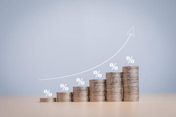 Financial interest rates hike, dividends and mortgage rates increase. Stacked coins with percentages and arrow pointing up icon. Inflation, sale cost, tax, and dollar exchange rate rise concept. - obrazy, fototapety, plakaty