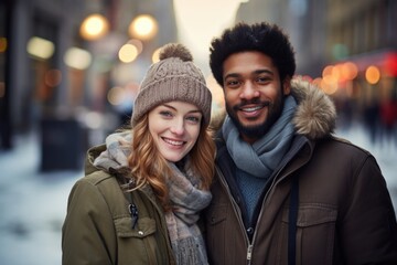 Loving young couple wearing winter clothing in the outdoor