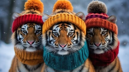 Funny portrait of three tigers in knitted hats. Funny animal prints, posters, wallpaper, wallpaper. Cute wild animals. Funny tiger in a hat. Winter collection of knitted clothes. Goods for pets. © Nataly G