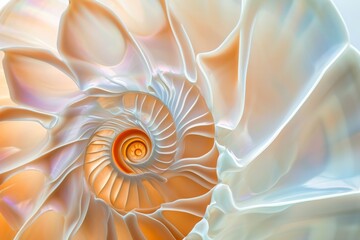 Nautilus Shell Abstract Pattern.
A close-up of a nautilus shell revealing its intricate natural spiral pattern. - obrazy, fototapety, plakaty