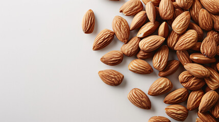 Almond nuts on white background. Top view. Copy space.