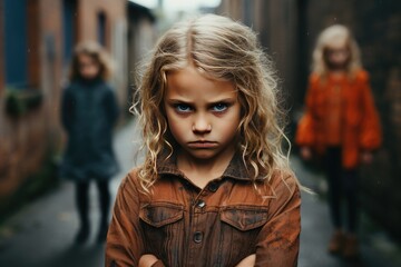 Fototapeta premium Angry kids gather in a narrow street, their faces contorted with negative emotions, directing their hostile gaze toward the camera, illustrating the issue of bullying at school.