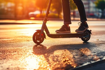Young woman riding electric scooter on city street. Close-up view. Eco transportation concept.