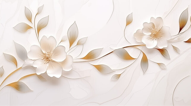 Luxury minimal style wallpaper with golden line art flower and botanical leaves, Organic shapes, Watercolor, Ai generated image