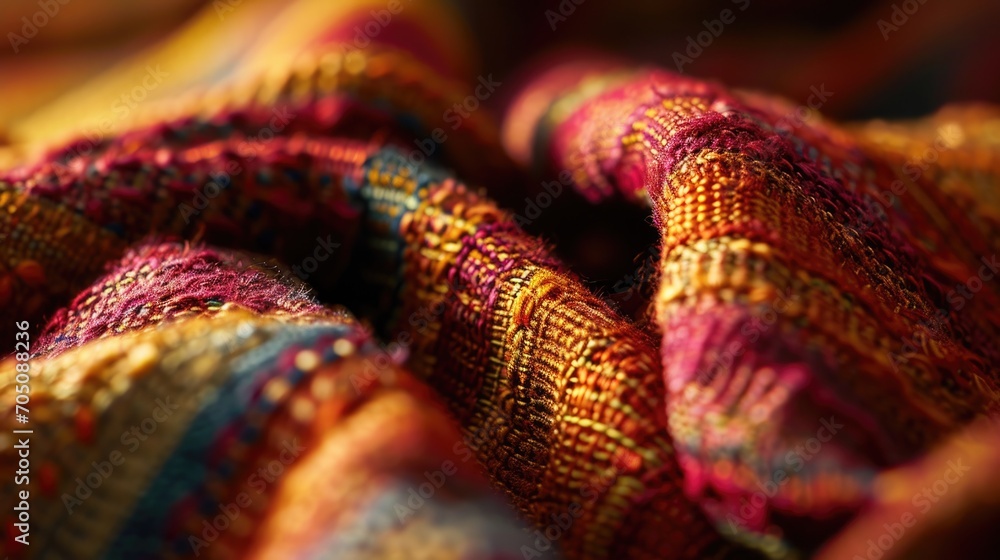 Poster a close-up view of a vibrant scarf in the colors of red, yellow, and blue. this versatile accessory 