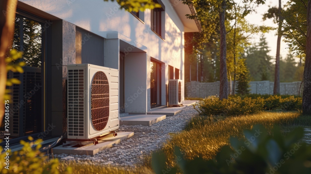 Poster an image of an air conditioner unit placed outside of a house. this picture can be used to showcase 