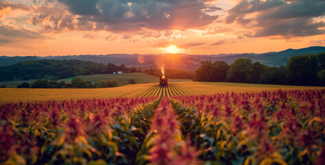Show a cornfield in Lancaster Pennsylvania while train in the countryside, field of flowers