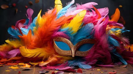 colored masquerade mask with feathers and confetti