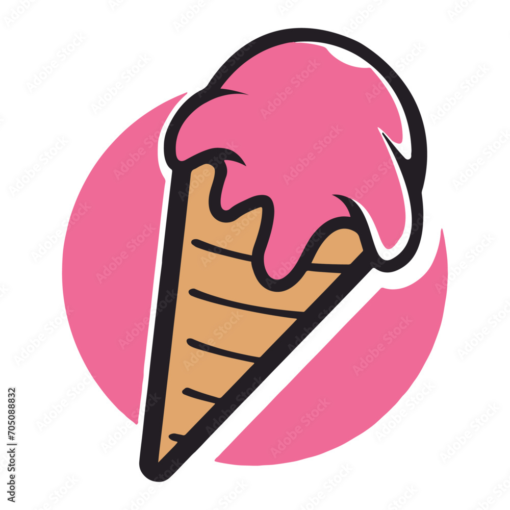 Poster pink ice cream icon. vector drawing of an ice cream cone and scoop.