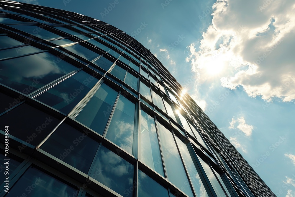 Poster a picture of a tall building with numerous windows against a sky background. suitable for architectu
