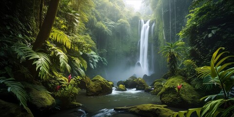 A serene tropical rainforest with a waterfall and lush vegetation. - obrazy, fototapety, plakaty