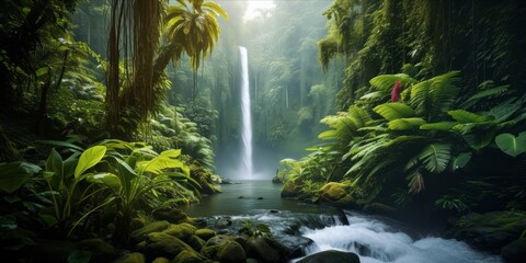 A serene tropical rainforest with a waterfall and lush vegetation.
