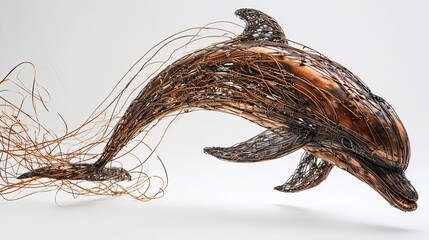 Handcrafted Wire Dolphin Sculpture, Intricate Metal Artwork Depicting Marine Life on White Background