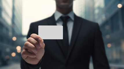 A professional person holding a card in a blurred office background