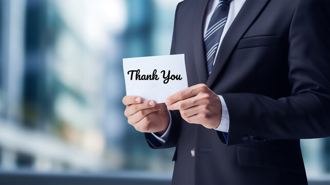 Professional employee holding thank you note against blurred office background