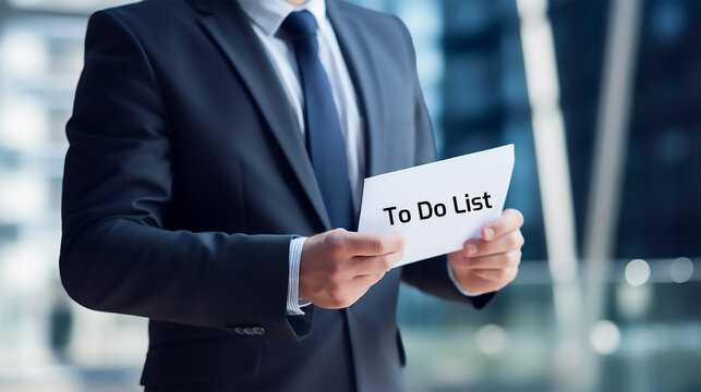 Professional businessman holding to-do list text in front of blurred office background