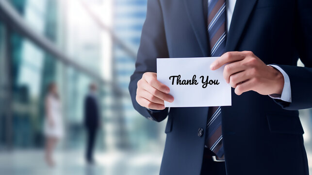 A professional person holding a thank you note in front of a blurred office background