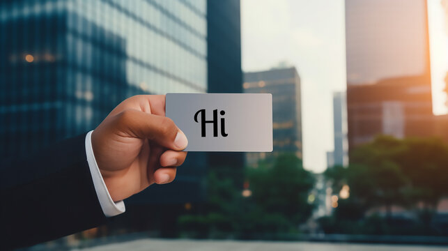 Businessman extends greetings with a hi note against the office building backdrop